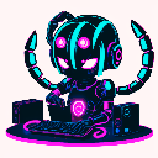 cute cyberpunk scorpion with human head, human head is from anime inspired character with short pink hair, expressive eyes, a playful smiling face, and a mouth mask, scorpion is playing computer games, tables with coca cola, scorpion's tail should be fully in the picture, yellow and cyan and light blue light
