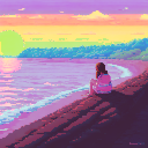 sunset by the beach, sitting on the sand, looking at the horizon, cute colors pink 