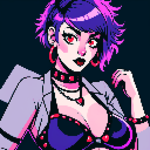 Curvy, busty goth girl, with purple hair, black eyeshadow and red lipstick. wearing bikini and studded collar, sexy seductive glamour shot, vibrant srgb colors, edgy aesthetic