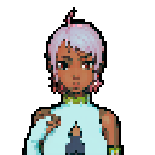 Teenage black girl with pink hair and orange eyes