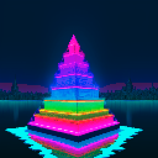 technological Aztec Style Pyramid, shimmering in neon hues, surrounded by frozen waters reflecting the pixel art skyline