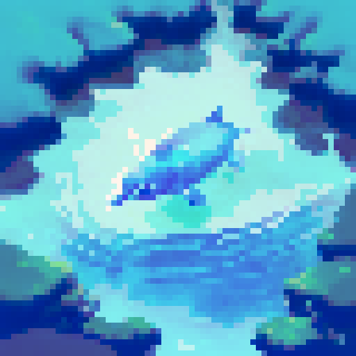 cute amazon river dolphin, vibrant colors, pixelated waves, lush green rainforest, sRGB, pixel art, tropical sunset, sparkling river, misty waterfall, mist-covered mountains, serene landscape