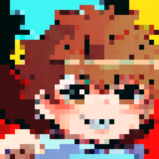 Sprite, girl with brown short hair, blue ribbon, green eyes, waving animation, smile, character portrait, close up, anime style, pixel art