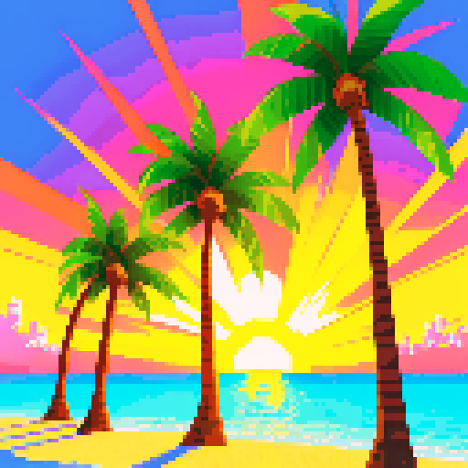 vibrant, 16-bit, Sega Genesis style palm trees swaying on a vaporwave beach with a golden sunset casting sRGB colors over the water