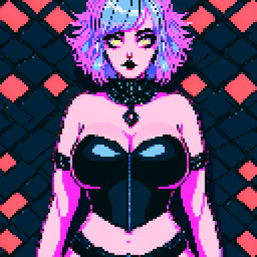 curvy, busty goth babe with studded collar. Nude big titty goth, in a close up nude glamour shot. Neon lighting, modern tile backsplash.