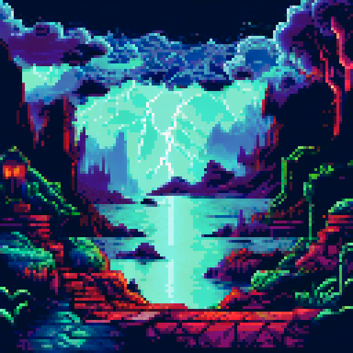 Eerie shadows dance along the pixelated, sRGB hallway as lightning illuminates a haunting landscape beyond the window