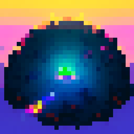 Spaceship sprite soaring through a neon-lit asteroid field, its thrusters blazing with a rainbow glow, as sparks of electricity crackle across its pixelated hull