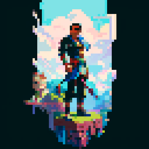 hispanic man, confident expression, heroic pose, full body, pixel art, solid color background, sRGB