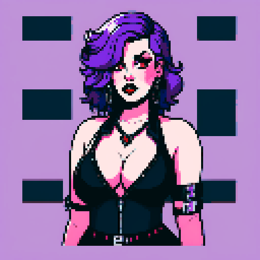 Plus size curvy, cute, busty greaser goth girl, with long purple hair, black eyeshadow, red lipstick. Voluptuous large breasts, wearing halter top and studded collar. Posing for sexy photo. whole head portrait, avatar photo. vibrant sRGB colors, pixel art, edgy aesthetic