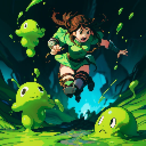 slime surging up around someone, slime engulfing a hero, slime consuming a hero, hero getting engulfed by slime, slime attack, dynamic, slime slamming into someone, impact, splashing slime, full-body image, full-body art, metal armor, brown hair