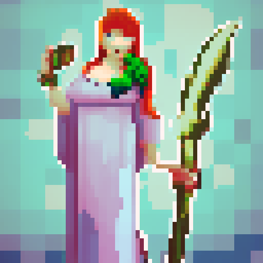 green hair, white clothes, greek woman