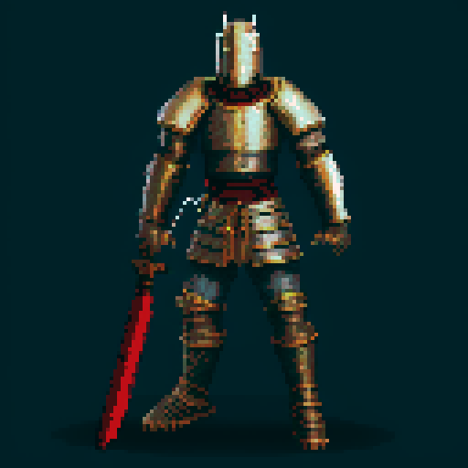 pixel art picture of a human male knight with a two-handed great sword, detailed shading, and smooth lines, heavy armor, confident stance, muscular build, armored helmet, deep red and gold armor, detailed sword, detailed shading, smooth lines, running, swinging sword