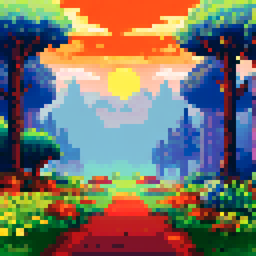 Sunset meadow in the forest, misty, with tall trees towering above in the background, all in a pixel art style with vibrant sRGB colors