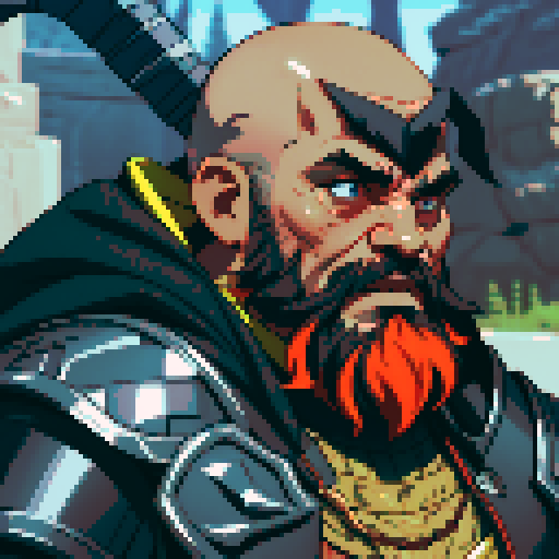 bald, black bearded dwarf warrior, wielding a great axe, clad in heavy armor, pixel art style, vibrant sRGB colors