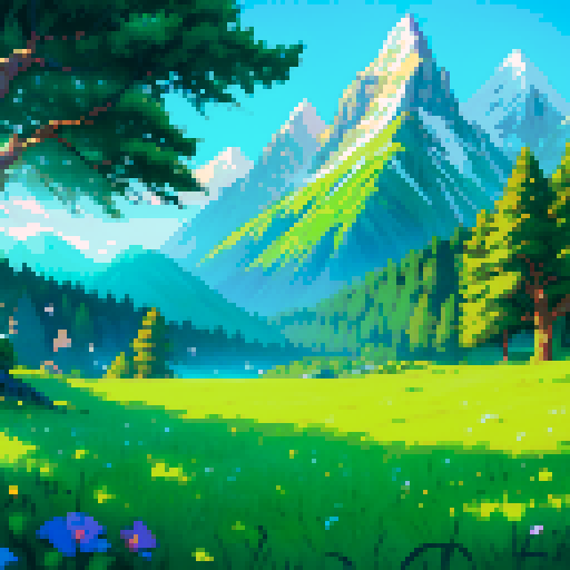 fantasy RPG landscape with towering snow-capped mountains, lush green trees, and a sparkling turquoise ocean backdrop, beautifully depicted in vibrant sRGB colors with intricate pixel art details