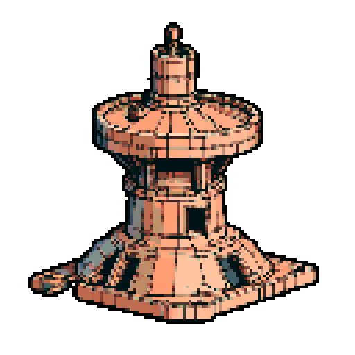 I want a copper structure reminiscent of the base of a gun turret, seen from a head on two dimensional perspective. The design should be relatively simple. I also want this object usable as an asset in a videogame, meaning only one object per image, outlined with a strong black stroke, on a solid-color background.