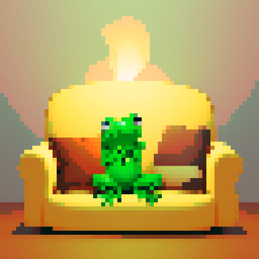 Picture a cozy living room with a crackling fireplace casting a warm glow across the room. A comfortable sofa sits in front of the fireplace, adorned with plush cushions. On the sofa sits a cute little frog, its tiny feet dangling off the edge as it leans back against one of the cushions, looking utterly content.

Next to the frog is a small coffee table, upon which sits a steaming cup of coffee, the aroma wafting through the air. The frog reaches out with one hand, delicately grasping the cup, 