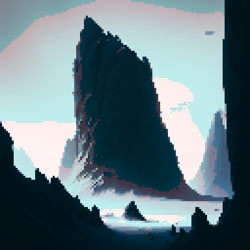 Minimalist, black and white, geometric shapes with sharp edges. Rocky terrain, jagged peaks, steep inclines, dizzying heights, perilous drops, whipping wind, and a breathtaking view.