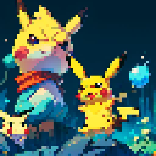 pixel art, sRGB, animated style, pebble being thrown at pikachu