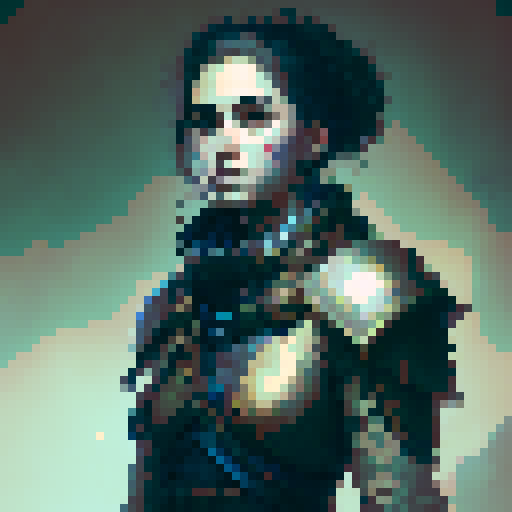 pixel character, human warrior, cloak, dark blue plated armor, fantasy RPG