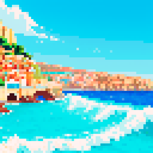 mediterranean waves, vibrant colors, intricate details, pixelated forms, fluid movement, contrasting hues, textured brushstrokes, sRGB palette, coastal scenery