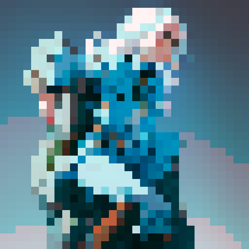 Aleya is a young adventurous girl with white hair, pale skin, tall boots and a blue tunic. She has a rock climbers build, and is shown idle against a greyish brown background
