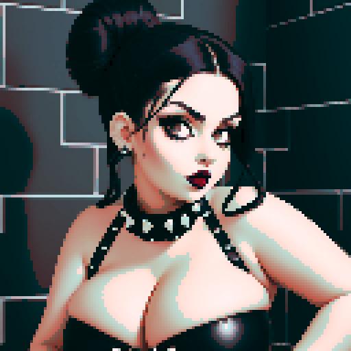 curvy, busty goth babe with studded collar. Hair in buns. Aroused Nude big titty goth, in a close up nude glamour shot. Wearing Halter top. modern tile backsplash.