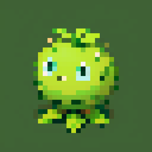 A tiny plant-like creature with a leafy body, bright green skin, and small flowers growing from its head. It has big, round eyes and a cheerful expression, with roots as feet.
