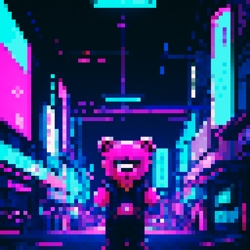 Fierce smiling teddy bear, blade runner, cyberpunk, aetherpunk, cloudy, dark colors, neon lights in background