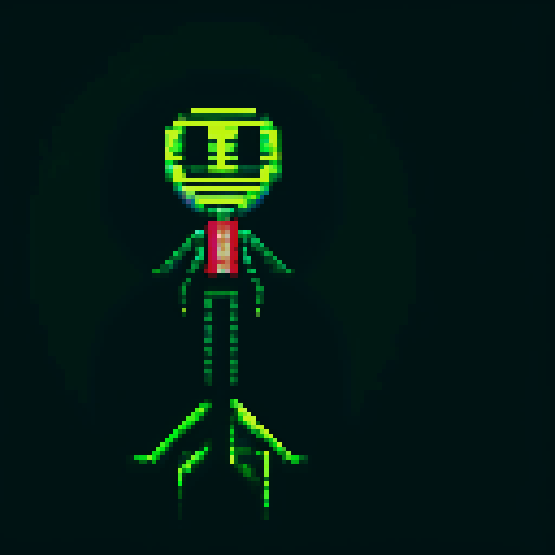 Tentacled alien photographer with big eyes taking a neon, colorful selfie using a retro pixel art camera, capturing intricate details in a pixelated style.