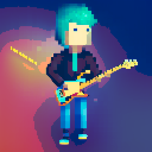 hacker boy with electric guitar in a rainy day, pixel art