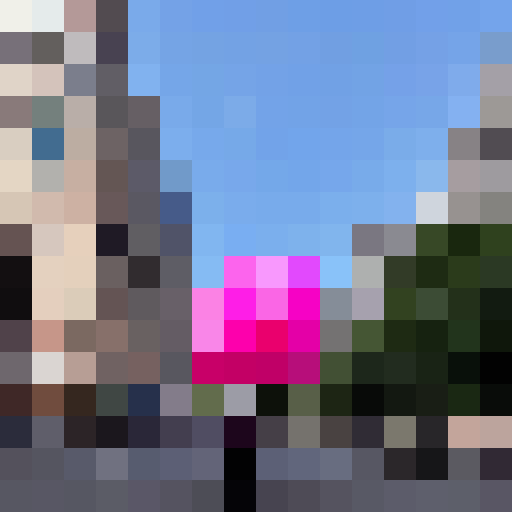 an pink dinosaur,with black glasses,hold a bunch of balloons， standing at the cross street