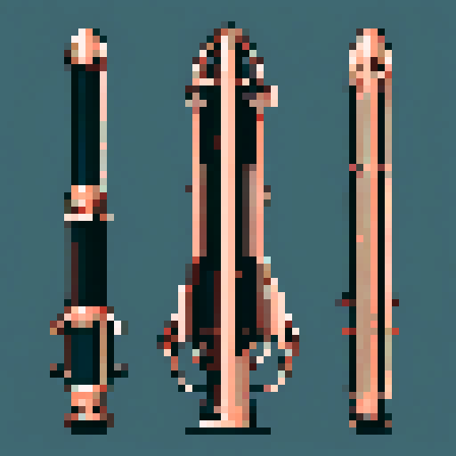 I want a vertical copper structure reminiscent of a organ pipe. It should have strange mechanical details that could interlock with each other. I also want this object usable an asset in a videogame, meaning only one object per image, outlined with a strong black stroke, on a solid-color background.