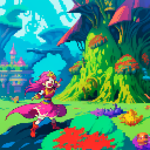 monster, vibrant colors, stylized pixel art, jrpg, slime, dynamic poses, 16-bit, expressive facial expressions, whimsical environments, fantasy creatures, action-packed scenes