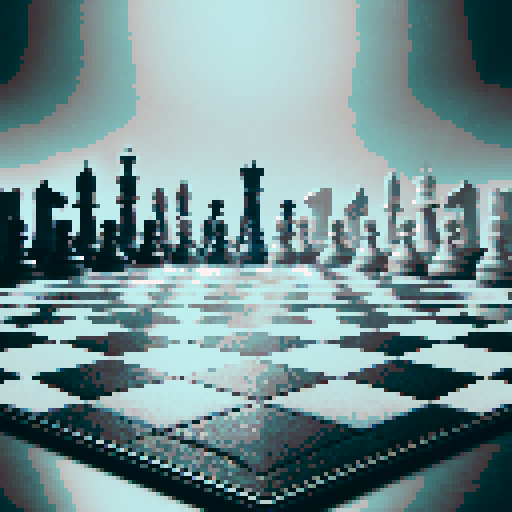 A realistic chessboard battleground with a black-and-white checkered floor, tilted upward at an angle for depth and a battle scene perspective. The foreground is open for a player's view, while the middle-right showcases large, detailed chess pieces in a strategic mid-game layout. The chessboard's edges dissolve into a subtle background of soft shadows and atmospheric haze, creating an immersive, grounded environment perfect for a dynamic and functional battleground.