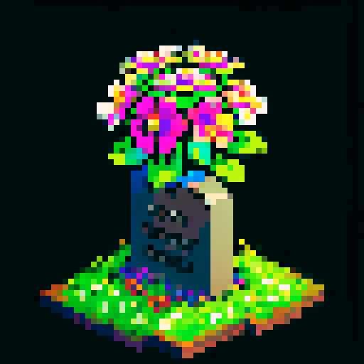 Tombstone, weathered and cracked, adorned with intricate pixel art flowers, against a vibrant sRGB against dark background