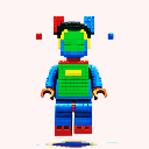 superman flying, vibrant pixelated red and blue costume, blocky lego-like figure, retro video game-inspired artwork, bold primary colors, sRGB color space