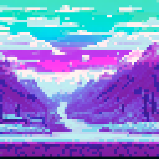 billowing northern lights reflected in a frozen river between high mountains over icy tundra and pines neon blue and pink with dark colors too