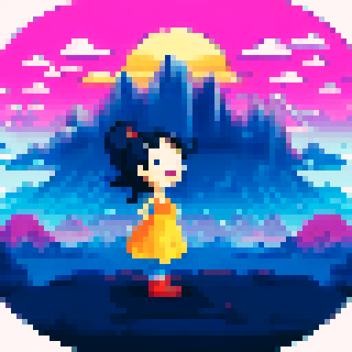 Girl with black hair wearing a black T-shirt and white stockings standing in a pixelated sRGB landscape with towering mountains and a bright, colorful sunset in the background