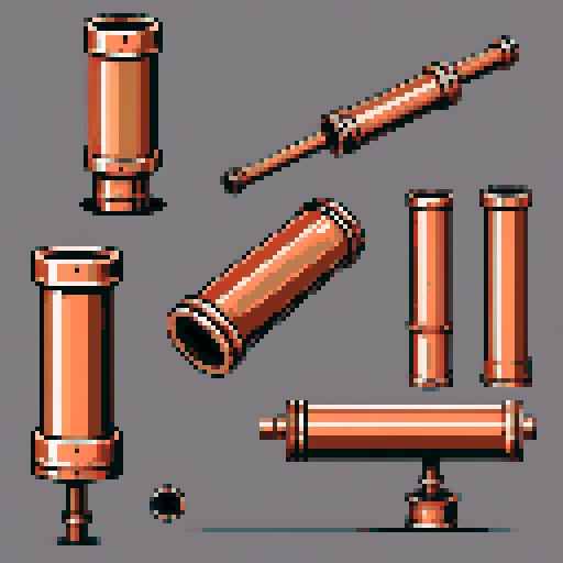 I want a tall vertical copper pipe that looks like a cannon barrel. I want this object usable an asset in a videogame, meaning only one object per image, outlined with a strong black stroke, on a solid-color background.