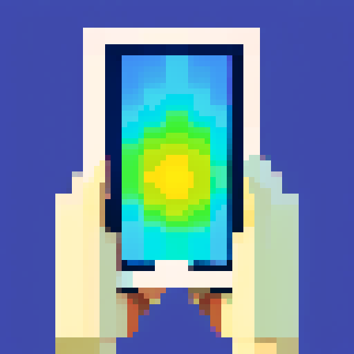 White hand reaching out of a blocky pixelated screen, grasping a vibrant digital flower.