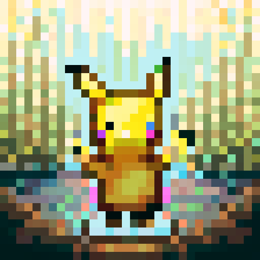Pikachu in a pond, vibrant colors, pixelated details, sRGB color profile, close-up of face, skillfully crafted, game icon style, 32x32 pixel art, portrait composition
