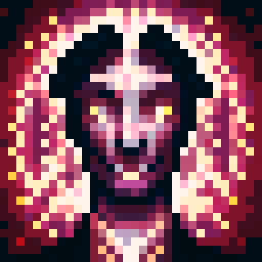 Dracula, sinister and regal, with piercing red eyes, fangs glistening, against a dark, gothic background, in a 32x32 pixel art style, skillfully portrayed in a close-up, captivating portrait
