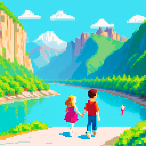 boy, girl, holding hands, walking, mountains, river, noon, summer, pixel art, sRGB