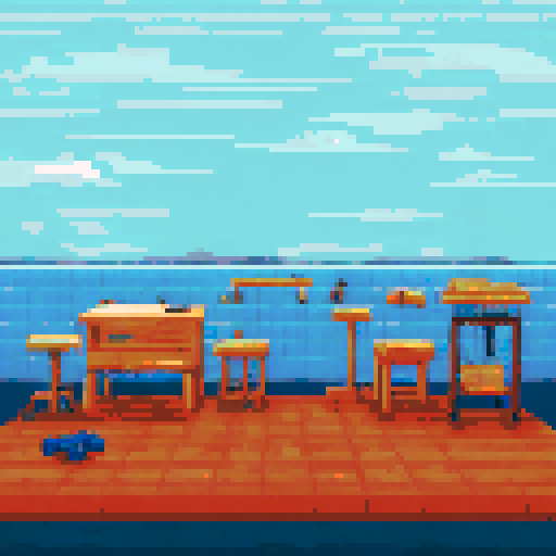 A cluttered workshop with wooden boards on the floor, walls adorned with woodworking tools, workbenches scattered with tools, in a 16bit pixel art style