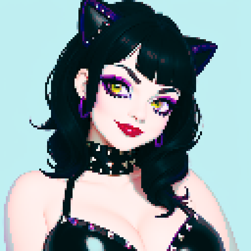 curvy, cute smiling goth cat girl face, black hair, purple eyeshadow, red lipstick, studded leather, face portrait, glamour shot, vibrant sRGB colors