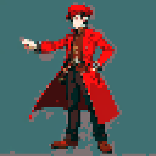 steampunk young man, red coat, red hat, 2D game stance, pixel art, sRGB, full body