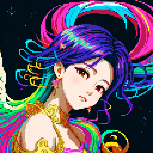 Kpop angel with wings, vibrant colors, pixelated details, sRGB palette, celestial backdrop, flowing hair, ethereal glow, musical notes surrounding