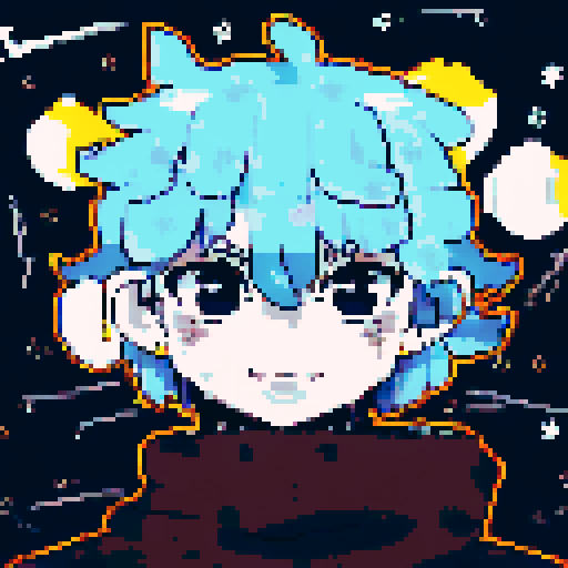 Lunar priestess with navy blue hair adorned with glowing stars, gazing directly at the viewer with piercing silver eyes, wearing a flowing midnight blue robe with a crescent moon embroidered on the hem, rendered in a pixel art anime portrait style.