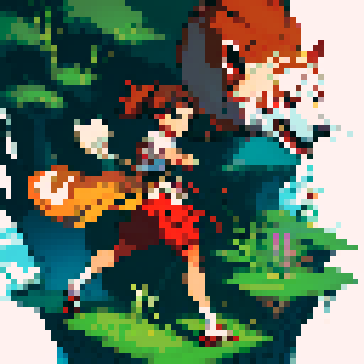 Create a 64x64 pixel sprite of Samurai Benjie, a teenage red panda with a kind and extroverted personality. He wears traditional samurai armor adapted for a red panda—lightweight with bamboo elements and decorative accents. Benjie stands in a relaxed pose, holding his slingshot at his side. His expression is friendly and determined. The style is colorful, whimsical, and enchanting, inspired by Miyazaki films like My Neighbor Totoro or Princess Mononoke.